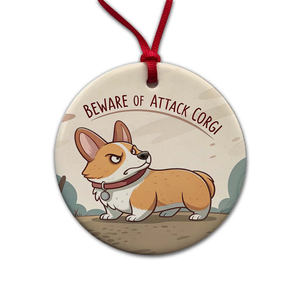 Beware Of Attack Corgi Dog Funny Round Ceramic Holiday Christmas Tree Ornament