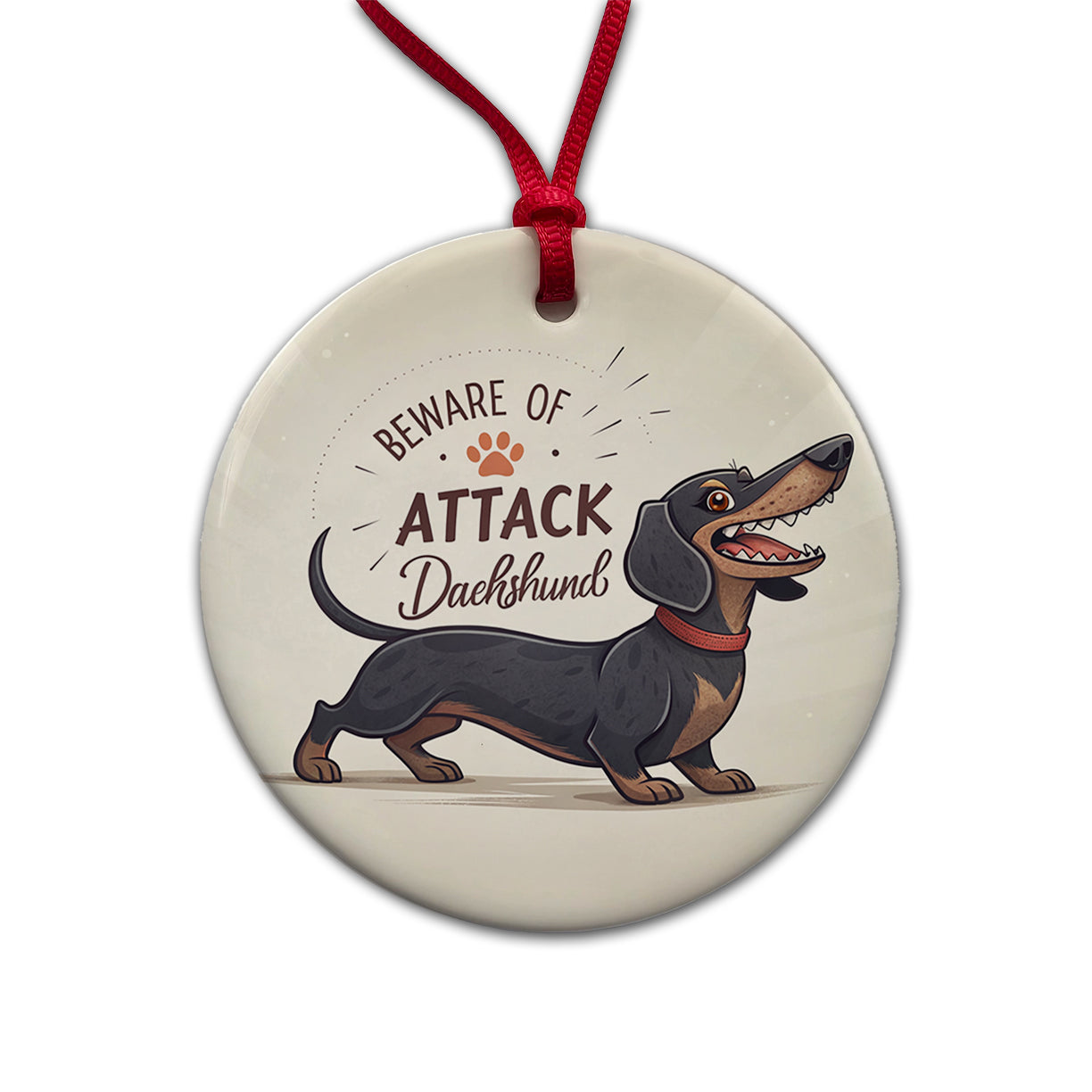 Beware Of Attack Dachshund Dog Funny Round Ceramic Holiday Christmas Tree Ornament