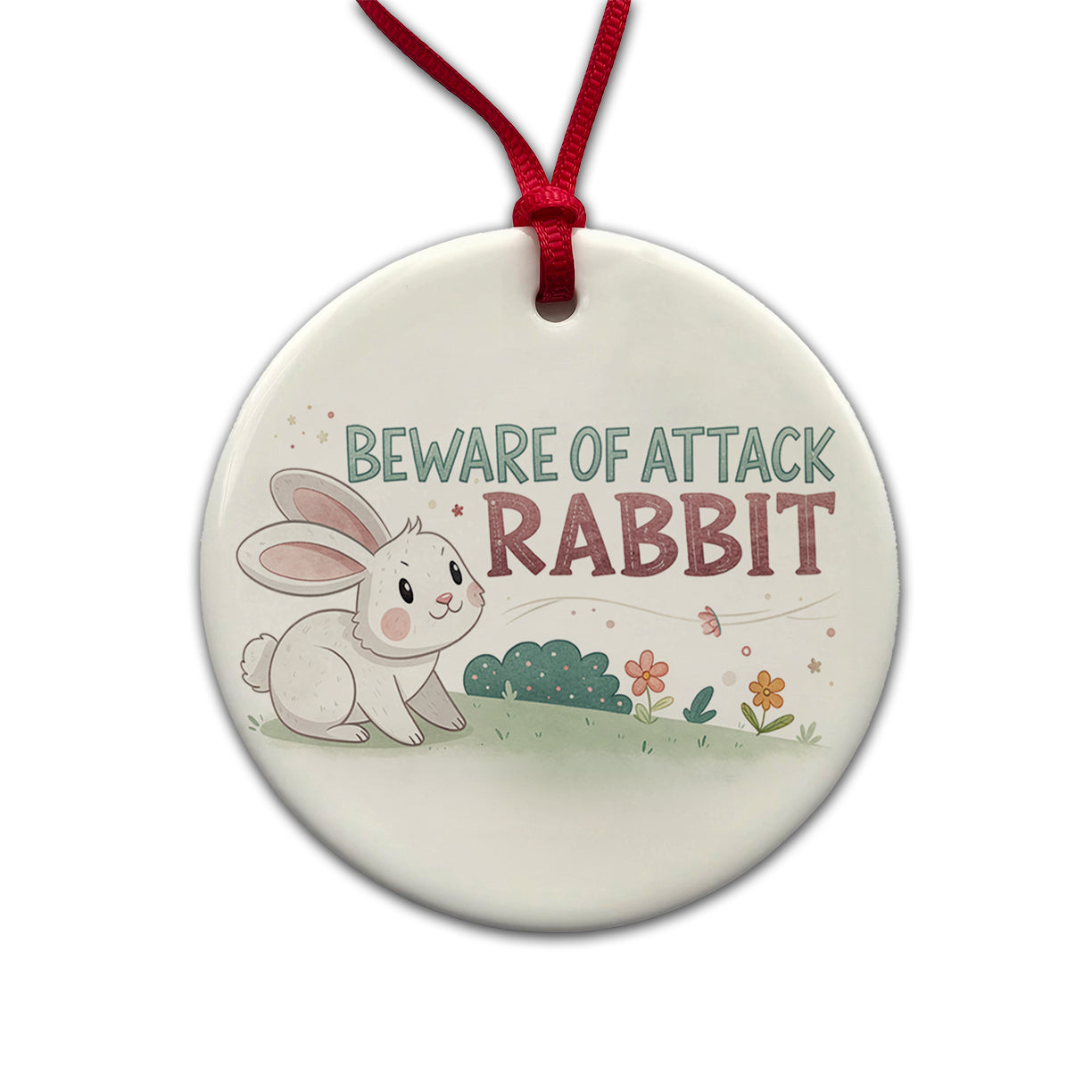 Beware Of Attack Rabbit Funny Round Ceramic Holiday Christmas Tree Ornament