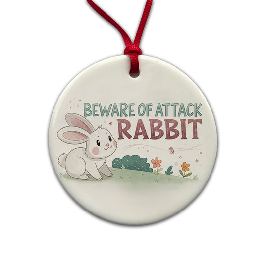 Beware Of Attack Rabbit Funny Round Ceramic Holiday Christmas Tree Ornament