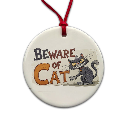 Beware Of Cat Funny Round Ceramic Holiday Christmas Tree Ornament