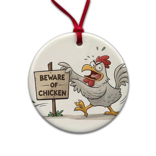 Beware Of Chicken Funny Round Ceramic Holiday Christmas Tree Ornament