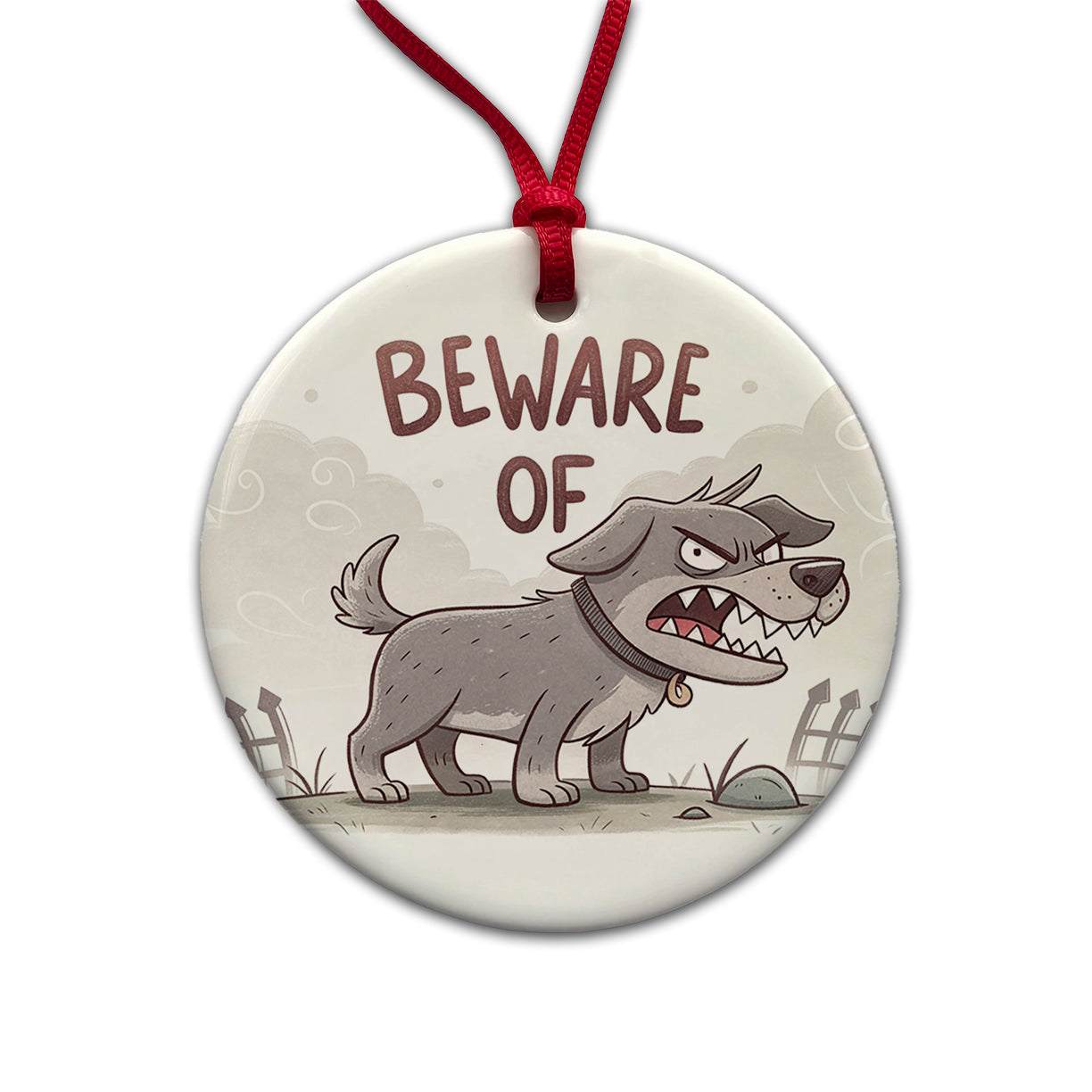 Beware Of Dog Funny Cartoon Round Ceramic Holiday Christmas Tree Ornament