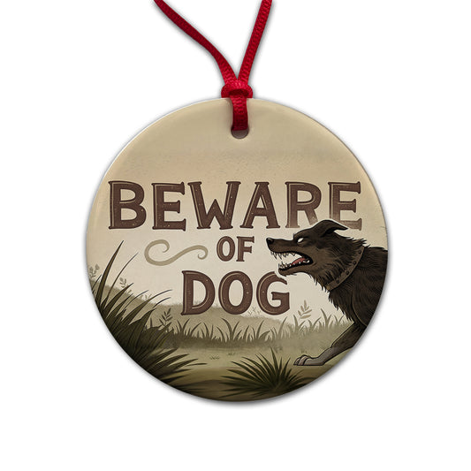 Beware Of Dog Mean Round Ceramic Holiday Christmas Tree Ornament