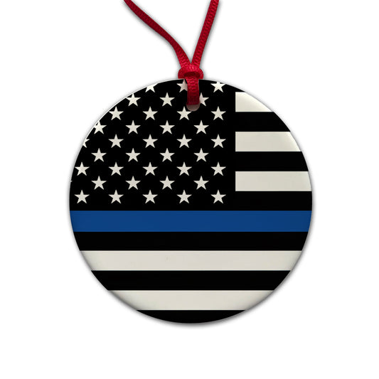 Black and White Thin Blue Line Police American Flag Round Ceramic Holiday Christmas Tree Ornament
