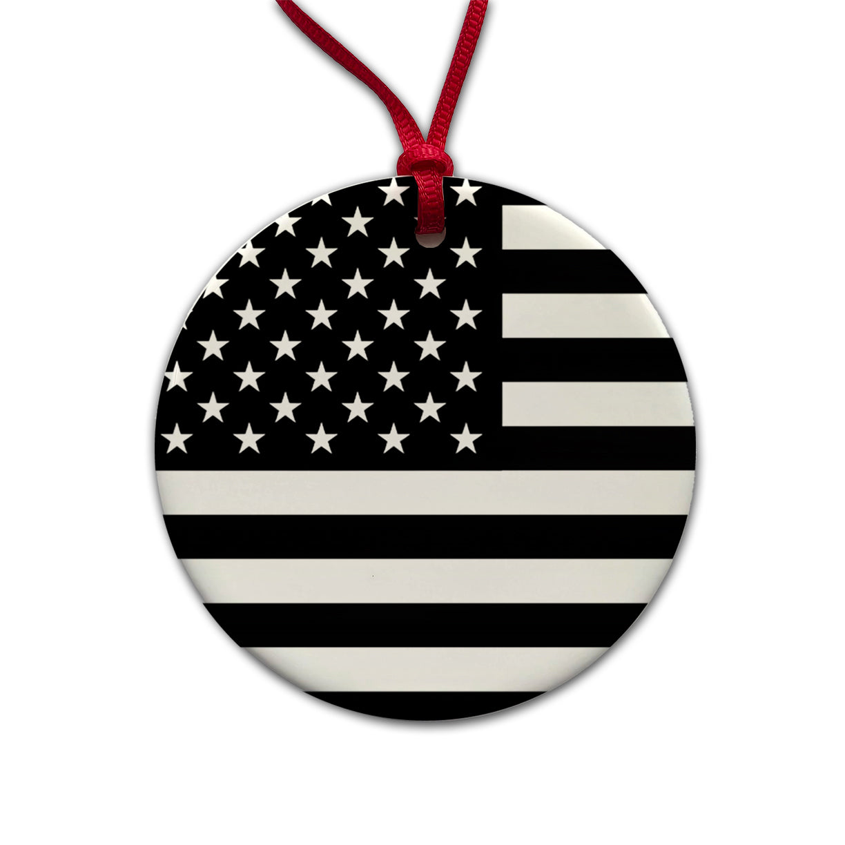 Black and White United States US American Flag Round Ceramic Holiday Christmas Tree Ornament