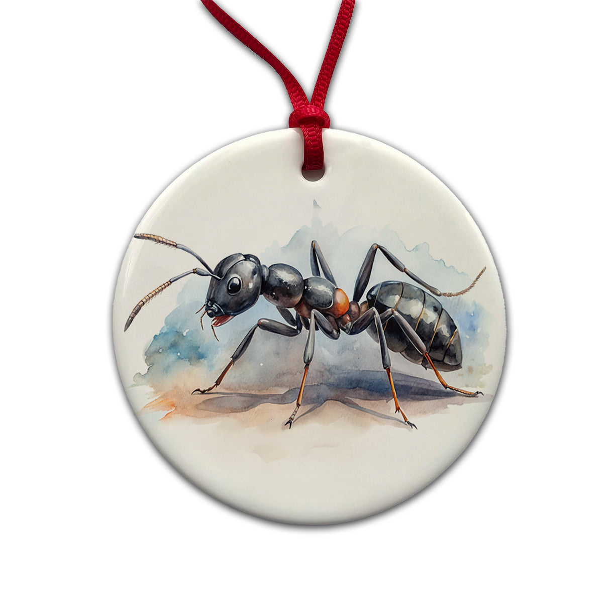 Black Carpenter Ant Watercolor Round Ceramic Holiday Christmas Tree Ornament