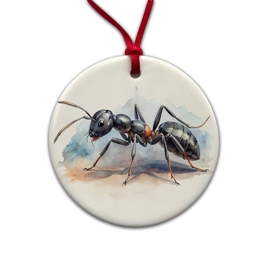 Black Carpenter Ant Watercolor Round Ceramic Holiday Christmas Tree Ornament