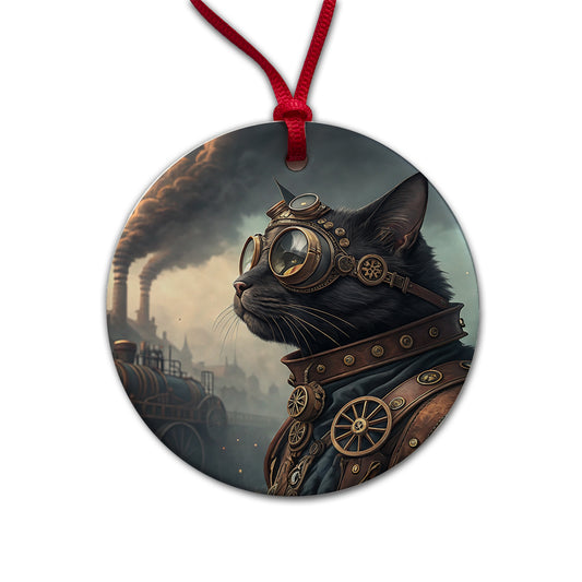 Black Cat Steampunk Round Ceramic Holiday Christmas Tree Ornament