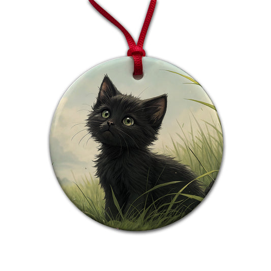Black Kitten Cat in Field Round Ceramic Holiday Christmas Tree Ornament