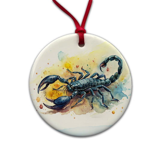 Black Scorpion Watercolor Round Ceramic Holiday Christmas Tree Ornament