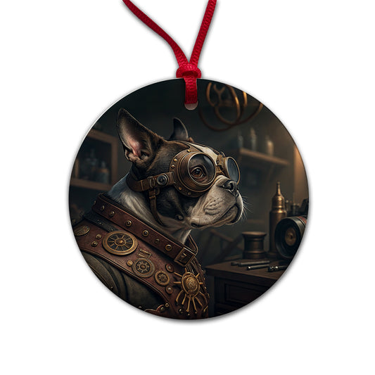 Boston Terrier Dog Steampunk Round Ceramic Holiday Christmas Tree Ornament