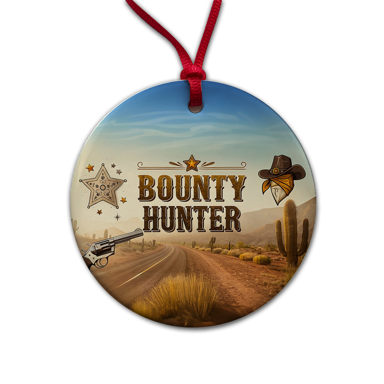 Bounty Hunter Western Cowboy Round Ceramic Holiday Christmas Tree Ornament