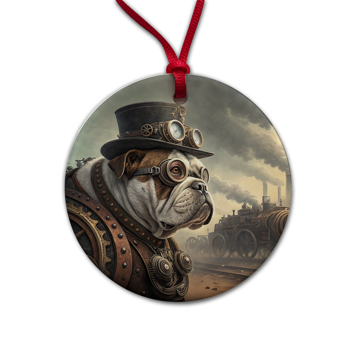 Bulldog Dog Steampunk Round Ceramic Holiday Christmas Tree Ornament