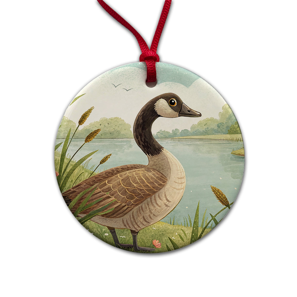 Canadian Canada Goose Children's Illustration Style Round Ceramic Holiday Christmas Tree Ornament