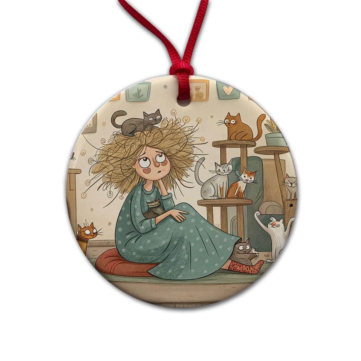Cartoon of Crazy Cat Lady Home Round Ceramic Holiday Christmas Tree Ornament