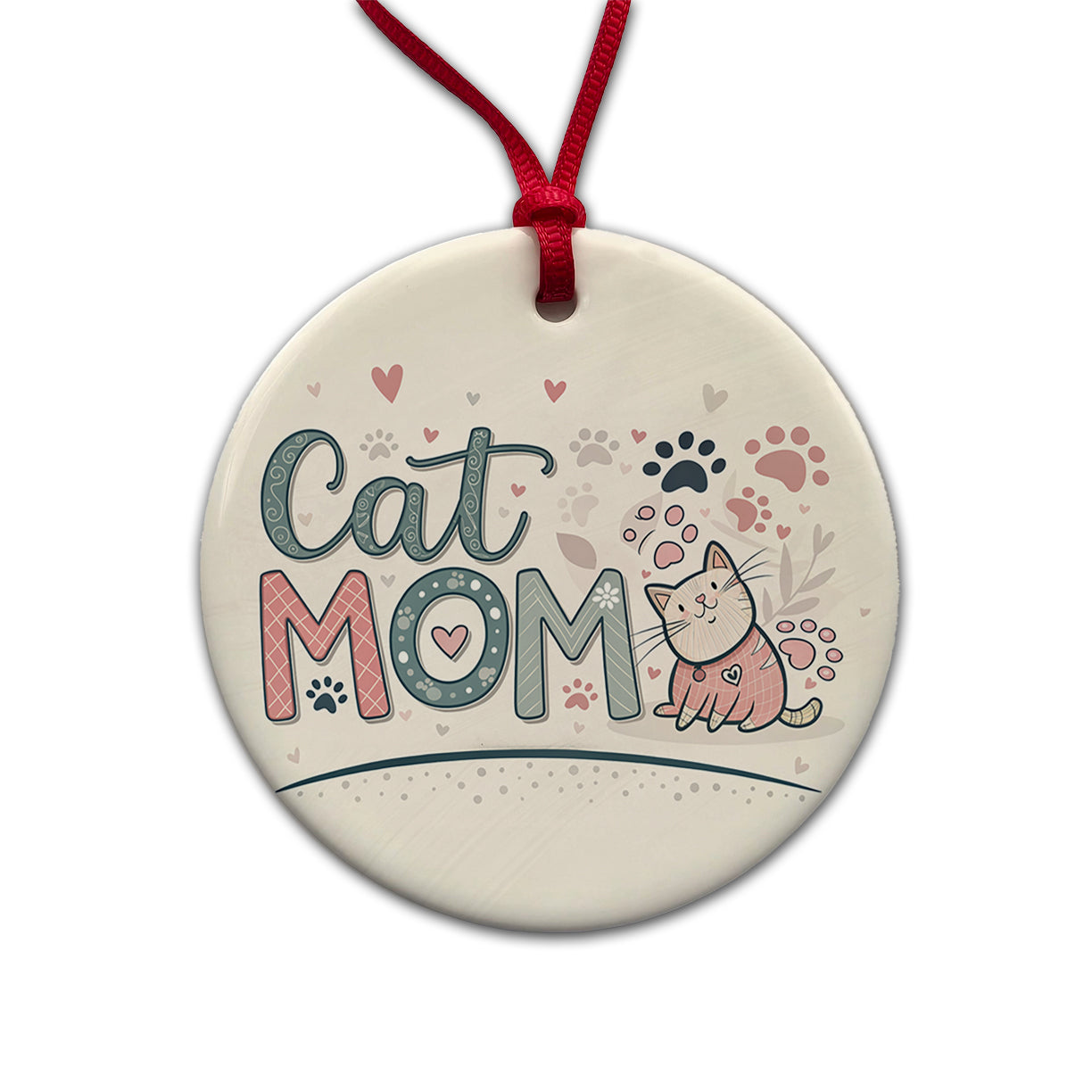 Cat Mom Cute Round Ceramic Holiday Christmas Tree Ornament