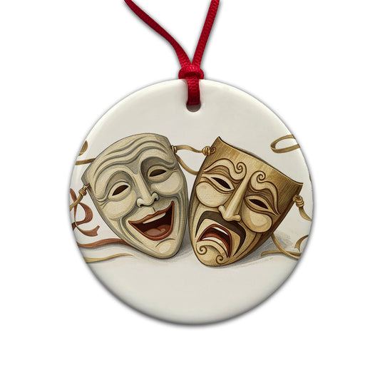 Comedy And Tragedy Theater Drama Masks Round Ceramic Holiday Christmas Tree Ornament