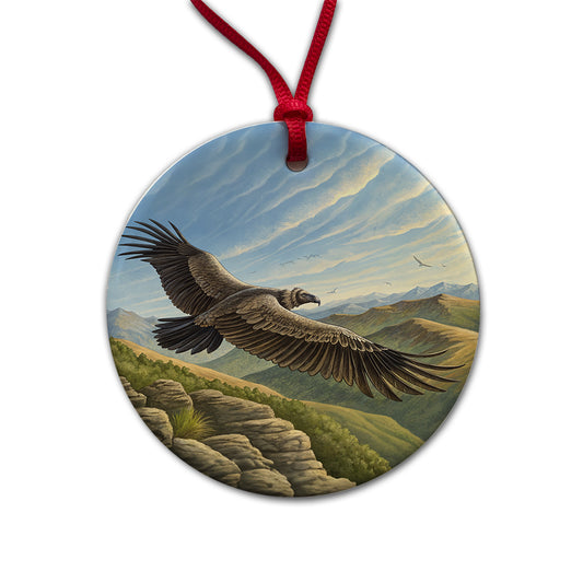 Condor in Flight Illustration Round Ceramic Holiday Christmas Tree Ornament