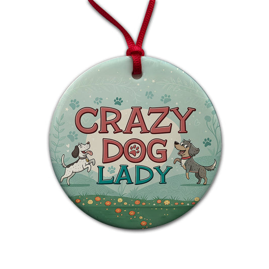 Crazy Dog Lady Funny Cartoon Round Ceramic Holiday Christmas Tree Ornament