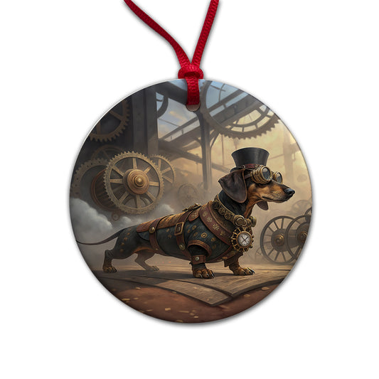 Dachshund Wiener Dog Steampunk Round Ceramic Holiday Christmas Tree Ornament