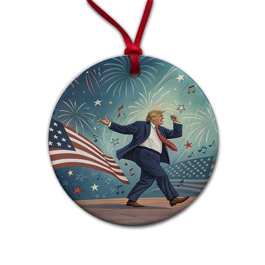 Dancing Patriotic Donald Trump Funny Round Ceramic Holiday Christmas Tree Ornament
