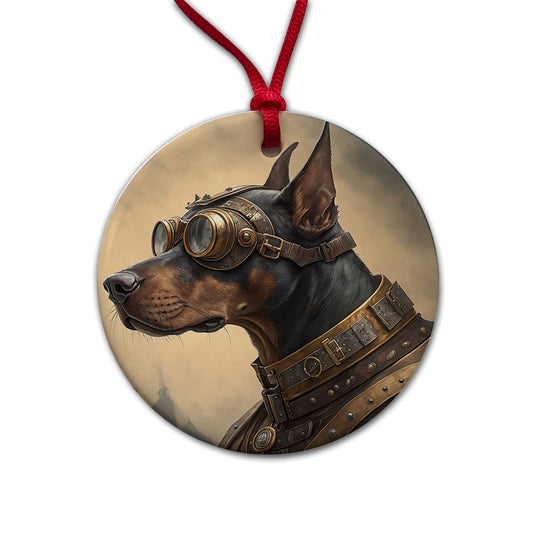 Doberman Pinscher Dog Steampunk Round Ceramic Holiday Christmas Tree Ornament