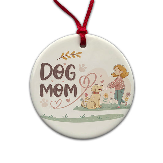 Dog Mom Cartoon Round Ceramic Holiday Christmas Tree Ornament