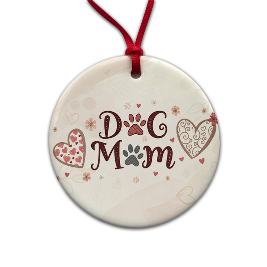Dog Mom Cute Hearts Round Ceramic Holiday Christmas Tree Ornament