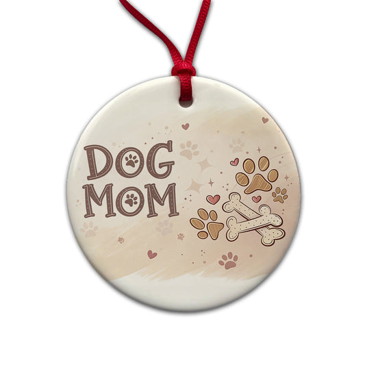 Dog Mom Paw Prints Treats Round Ceramic Holiday Christmas Tree Ornament