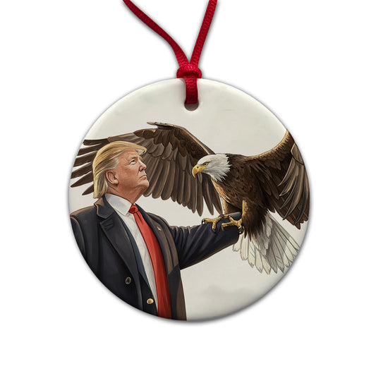 Donald Trump Holding A Bald Eagle Funny Round Ceramic Holiday Christmas Tree Ornament