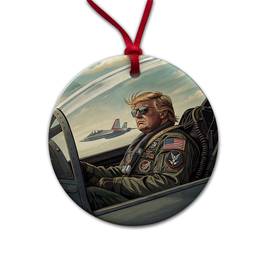 Donald Trump In Jet Fighter Funny Patriotic Round Ceramic Holiday Christmas Tree Ornament