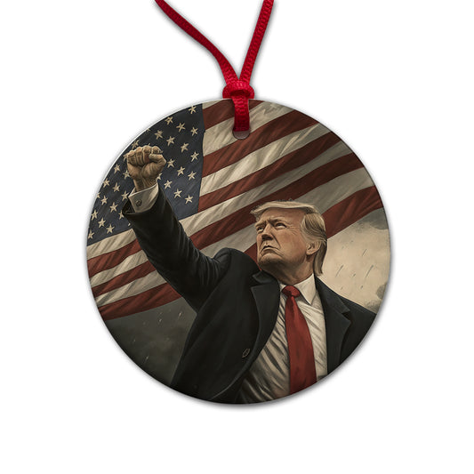 Donald Trump With Fist In The Air Patriotic Fight Round Ceramic Holiday Christmas Tree Ornament