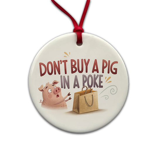 Don't Buy A Pig In A Poke Funny Saying Round Ceramic Holiday Christmas Tree Ornament