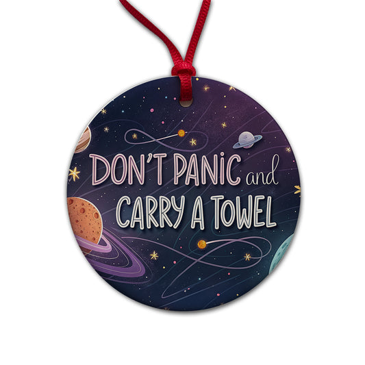 Don't Panic And Carry A Towel Funny Sci-Fi Round Ceramic Holiday Christmas Tree Ornament
