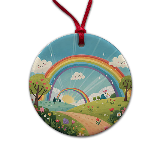 Double Rainbow Cartoon Illustration Round Ceramic Holiday Christmas Tree Ornament