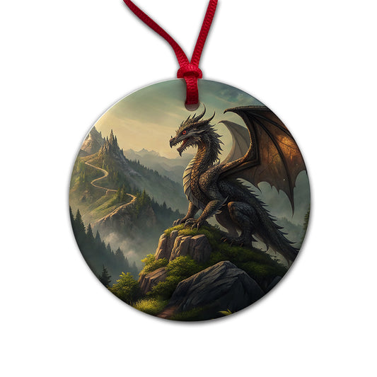 Fantasy Dragon on Mountain Illustration Round Ceramic Holiday Christmas Tree Ornament