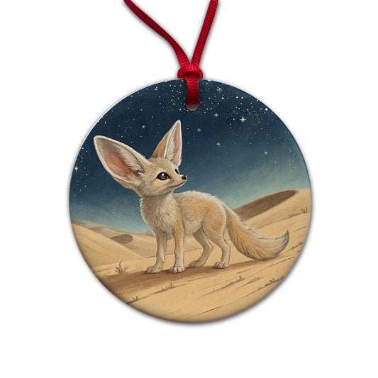 Fennec Fox Illustration Round Ceramic Holiday Christmas Tree Ornament