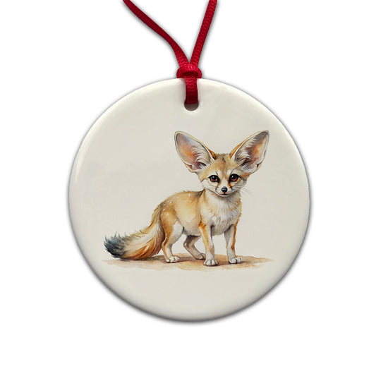 Fennec Fox Watercolor Round Ceramic Holiday Christmas Tree Ornament