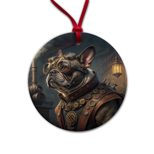 French Bulldog Dog Steampunk Round Ceramic Holiday Christmas Tree Ornament