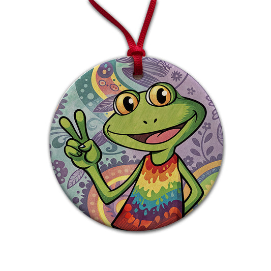 Frog Giving Peace Sign Hippie Tie Dye Round Ceramic Holiday Christmas Tree Ornament
