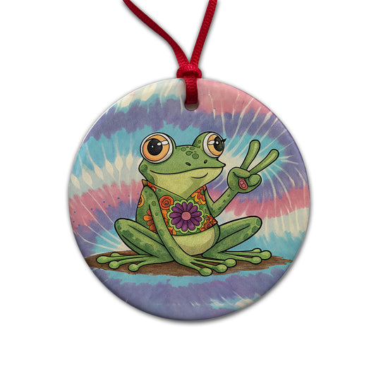 Frog Giving Peace Sign Tie-Dye Cartoon Round Ceramic Holiday Christmas Tree Ornament