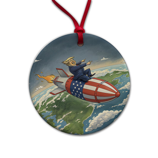 Funny Donald Trump Riding American Flag Missile Round Ceramic Holiday Christmas Tree Ornament