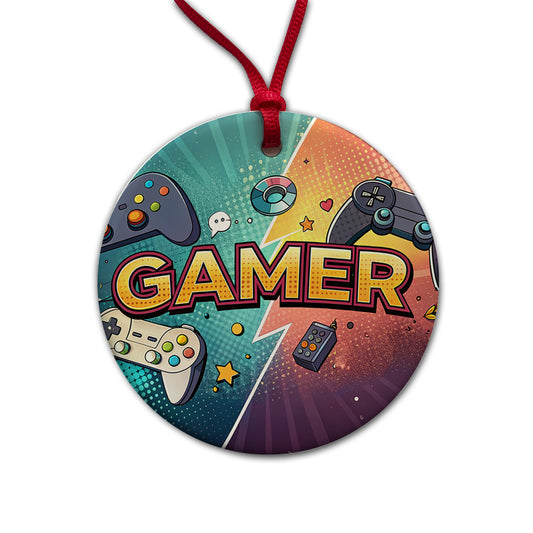 Gamer Retro Gaming Controllers Illustration Round Ceramic Holiday Christmas Tree Ornament