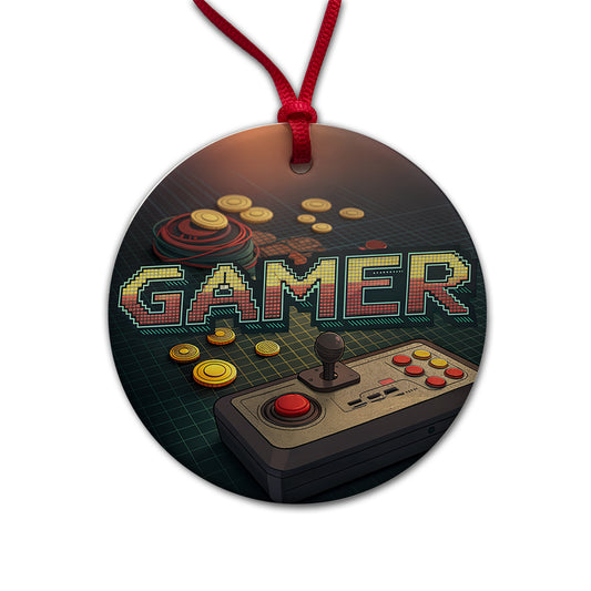 Gamer Retro Pixel Arcade Controller Round Ceramic Holiday Christmas Tree Ornament