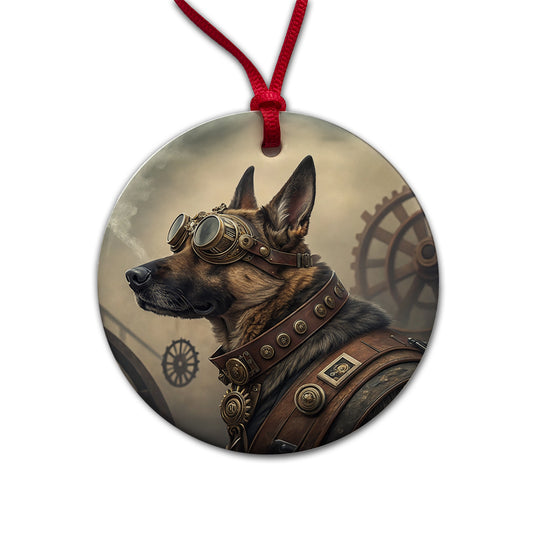 German Shepherd Dog Steampunk Round Ceramic Holiday Christmas Tree Ornament