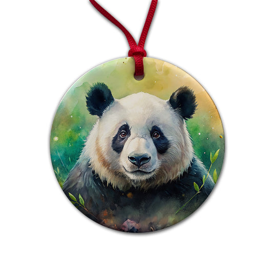 Giant Panda Bear Watercolor Round Ceramic Holiday Christmas Tree Ornament
