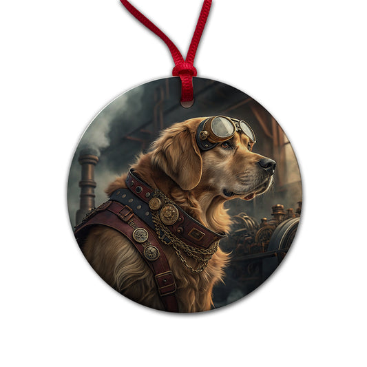 Golden Retriever Dog Steampunk Round Ceramic Holiday Christmas Tree Ornament