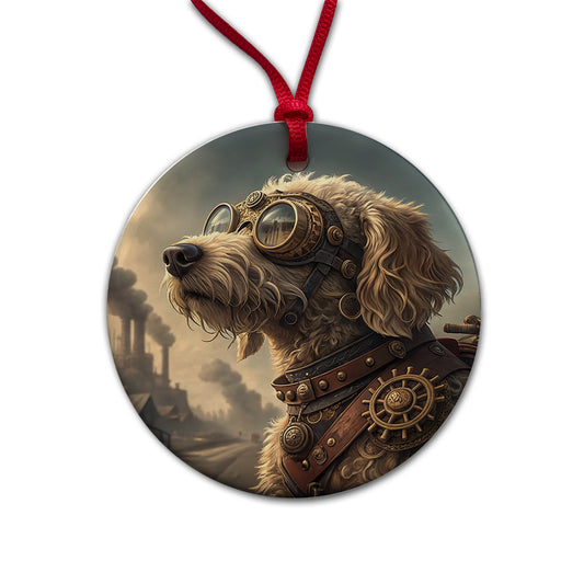 Goldendoodle Dog Steampunk Round Ceramic Holiday Christmas Tree Ornament