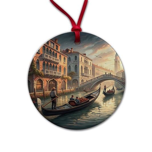 Gondolas on Canal Venice Italy Round Ceramic Holiday Christmas Tree Ornament